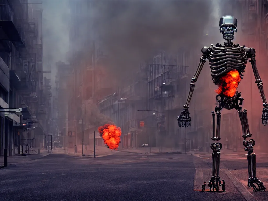 Image similar to t 1 0 0 endoskeleton on a city street, smoke, fi, chrome, shiny, reflective, metallic, 3 d, render, realistic, hdr, stan winston studios, dramatic lighting, flame colors bright