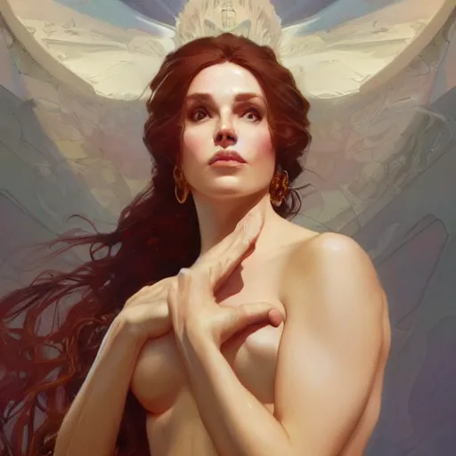 Image similar to Circe, posing heroically, heavenly, full body close-up shot, elegant, digital painting, cinematic, trending on artstation, concept art, illustration, art by artgerm and Greg Rutkowski and Alphonse Mucha