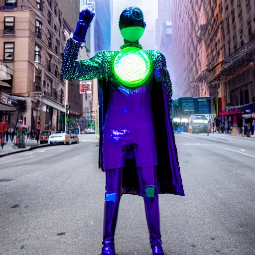 Prompt: nyc street photo, a futuristic android with limbs made out of stretchy rubber tubing mixed with shiny colorful giant intricate detailed chrome gauntlets and chest piece and discoball mask, wearing a long purple velvet cape, talking on a payphone, fog and mist