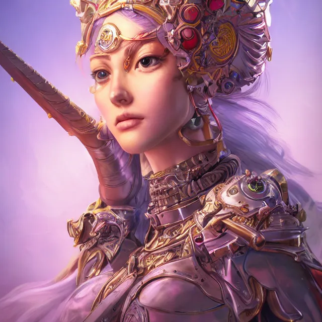 Image similar to studio portrait of lawful good colorful female holy mech paladin as absurdly beautiful, elegant, young sensual pretty woman, ultrafine hyperrealistic detailed face illustration by kim jung gi, irakli nadar, intricate linework, sharp focus, bright colors, matte, octopath traveler, final fantasy, unreal engine highly rendered, global illumination, radiant light, intricate environment