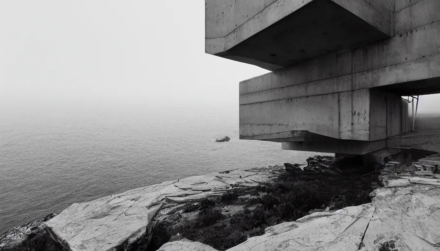 Image similar to brutalist base perched on a cliff overlooking a magnificient bay, drawing architecture, fog horizon, pixar lighting, pritzker architecture prize, greig fraser