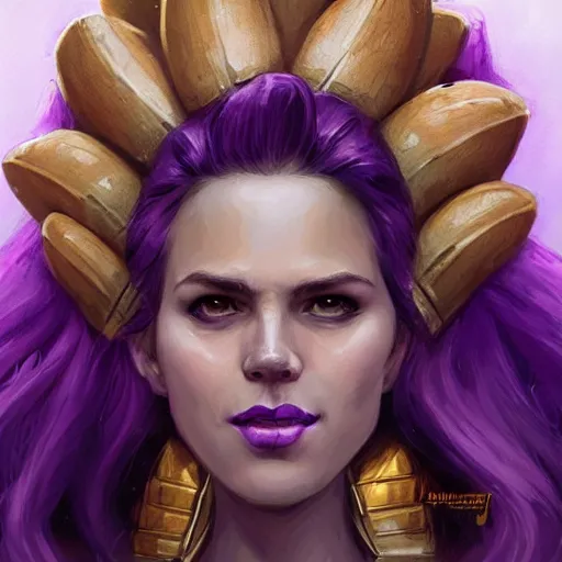 Image similar to thanos as an attractive young smiling woman wearing a mushroom crown and heavy armoured wedding dress, face portrait, hd shot, digital portrait, beautiful, fantasy art, artstation, comic style, by artgerm, guy denning, jakub rozalski, magali villeneuve and charlie bowater