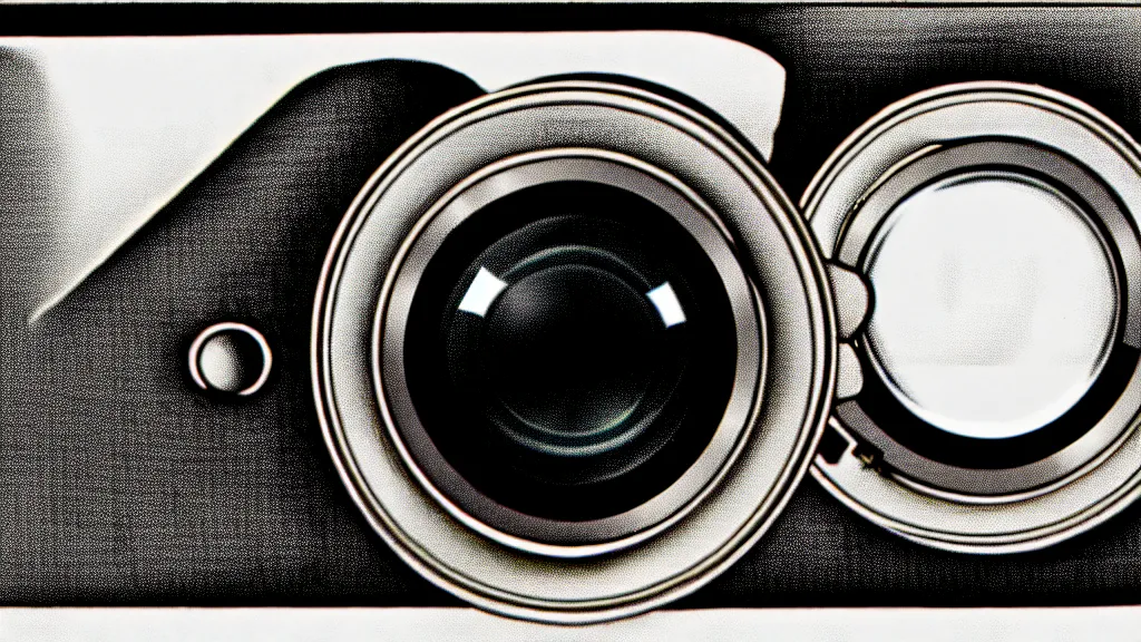 Prompt: a vintage illustration, a dslr camera pointed at the viewer made of shiny chrome