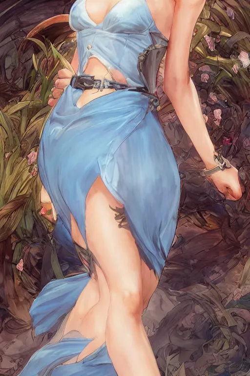 Image similar to Megan Fox using a pale blue summer dress in a blade and soul spinoff artbook rendered by the artist Taran Fiddler, Joe Madureira, Nadezhda Tikhomirova, Jiyun Chae, Lê Long, trending on Artstation by Hyung Tae Kim, artbook, Stanley Artgerm Lau, WLOP, Rossdraws , James Gurney