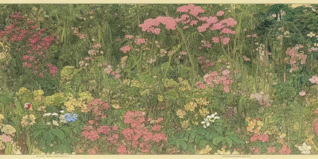 Image similar to an illustration of a beautiful garden, isometric view, painted by ernst haeckel and hasui kawase and alphonse mucha