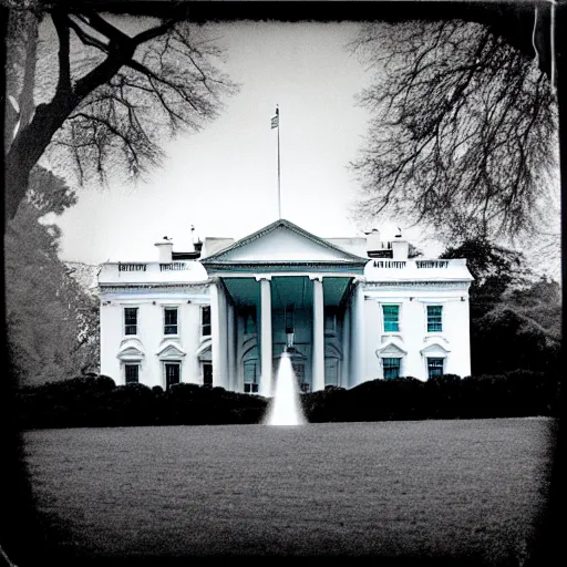 Prompt: white house covering plastic cloak by christo javacheff, in the tropical wood, mystic, melancholy, pinhole analogue photo quality, lomography, scratches on photo, monochrome