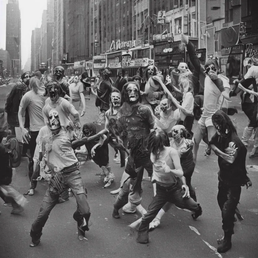 Image similar to radioactive zombies staggering in new york city street, 1970s, 35mm film look, Kodak Portra 400, 8k, vintage color polaroid