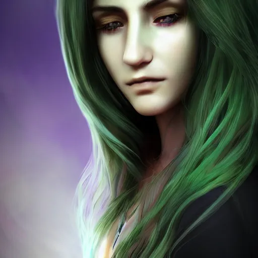 Image similar to portait elissar zakaria khoury, centred, sadness look, long purple hair, hd, unreal engine, final fantasy style amazing green background theme