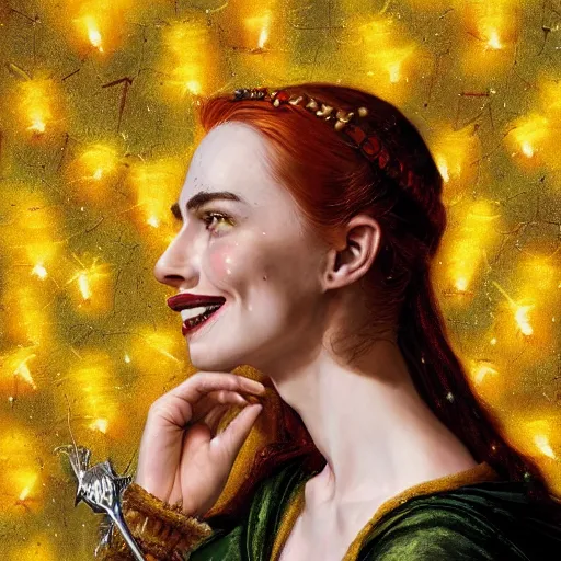 Image similar to a totally amazed smiling pretty batman surrounded by golden firefly lights in a mesmerizing scene, fully covering intricate detailed bohemian outfit, long loose red hair, precise linework, accurate green eyes, small nose with freckles, beautiful smooth oval head, expressive emotions, hyper realistic ultrafine portrait by artemisia gentileschi, jessica rossier, greg rutkowski, artgerm
