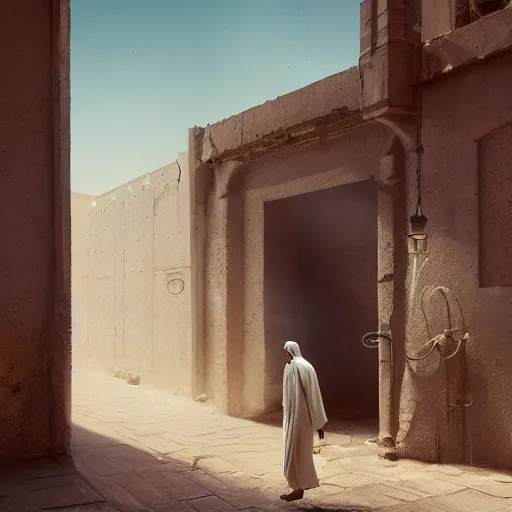 Prompt: old jeddah city alley, roshan, old shops, horse, magical glowing sand gate to another dimension, a man wearing a white robe standing watching over, dramatic lighting sci fi, by caspar david friedrich by beeple and james gilleard and justin gerard, centered, artstation, smooth, sharp focus, photoreal octane render, 3 d, by jean baptiste monge