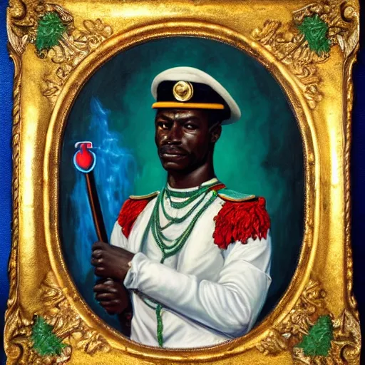 Prompt: portrait oil painting of an imposing and handsome mature african - haitian naval officer voodoo god of the sea with green eyes wearing blue, sea - green and white clothes, holding a trident in his hand by john william godward. photorealistic, highly detailed, bright colors, classical lighting, sea background.