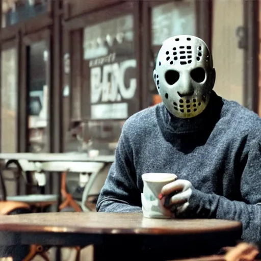 Image similar to photograph of jason voorhees having a coffee at an european caffé