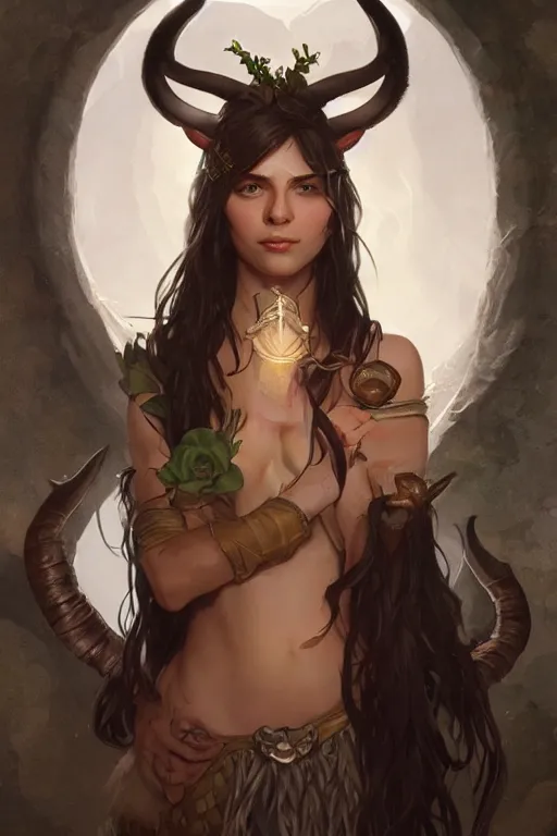 Image similar to cute Whimsical Tiefling Druid with cute horns , light-brown skin, D&D, fantasy, portrait, highly detailed, digital painting, artstation, concept art, sharp focus, illustration, art by greg rutkowski and alphonse mucha