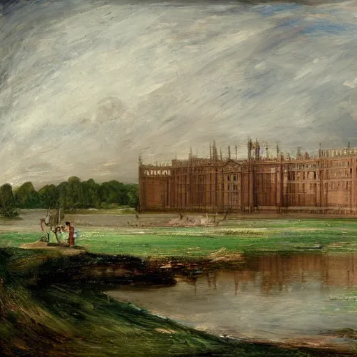 Prompt: digital art of a large palace on the edge of a lake. Highly detailed. in the style of John Constable.