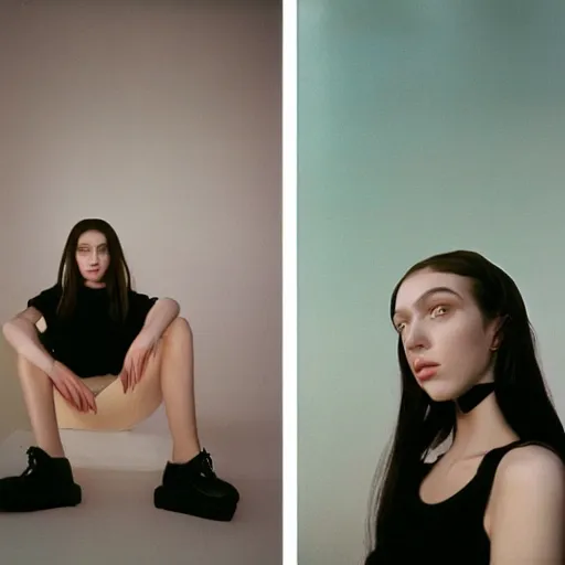 Prompt: realistic! photoshoot for a new balenciaga lookbook, color film photography, portrait of a beautiful woman, in style of petra collins, 35mm