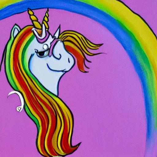 Image similar to a painting of donald trump riding a rainbow unicorn