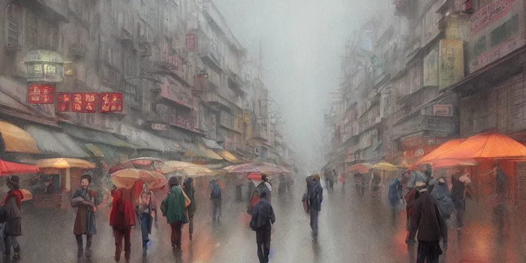 Prompt: morning market in chinatown, foggy rainy day, matte painting, studio ghibli, artstation