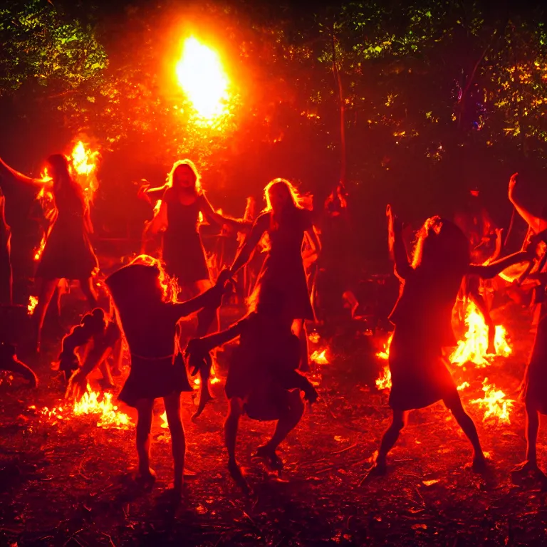 Image similar to real life 1 2 monkeys dancing in circle, bonfire in center, a jungle, cinematic, volumetric lighting, vivid colours, evil shadows, f 8 aperture, cinematic eastman 5 3 8 4 film, photorealistic