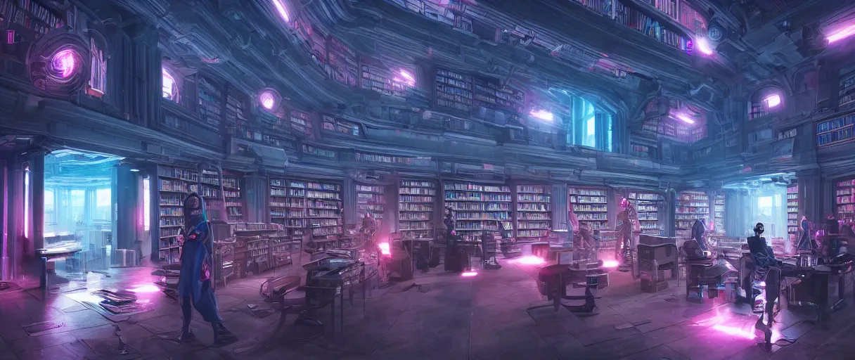 Prompt: hyperrealistic cyberpunk library hall, very detailed, technology, cyberpunk, dark blue and pink volumetric light, cgsociety, in the style of artgerm and artstation