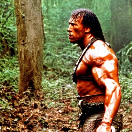 Prompt: film still of a mud - covered dwayne johnson as dutch looking in panic in predator 1 9 8 7, hd, 8 k