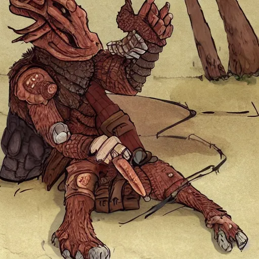 Image similar to a wounded, copper, scaly dragonborn barbarian with a lot of battlescars sitting down, slouched over and mourning the death of his friend