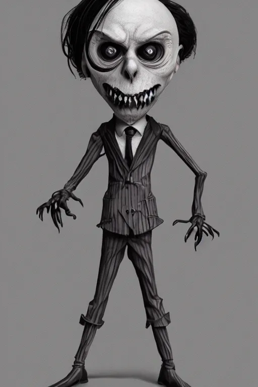 Image similar to creepy demon in a suit, tim burton, detailed, highly detailed, concept art, artstation, comic aesthetic, creepy aesthetic, toon shading, cel shading, substance designer render, substance designer,