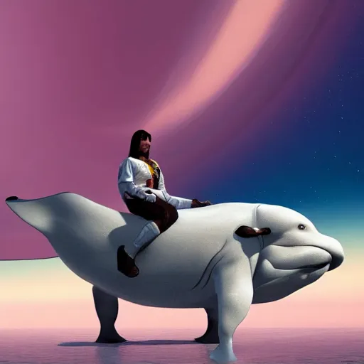 Prompt: Conquistador on Saturn riding a beluga whale, hyper-realistic, cinematic, 4k, render