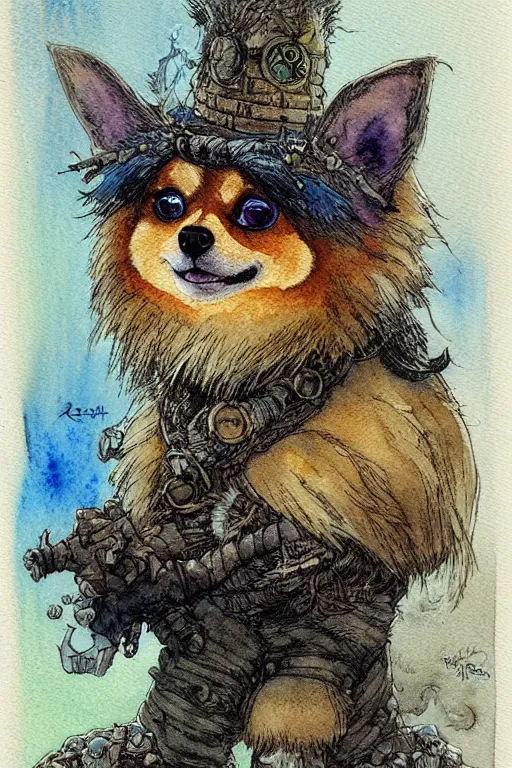 Image similar to a simple and atmospheric watercolour fantasy character concept art portrait of a robotic pomeranian as a druidic warrior wizard looking at the camera with an intelligent gaze, very muted colors, by rebecca guay, michael kaluta, charles vess and jean moebius giraud