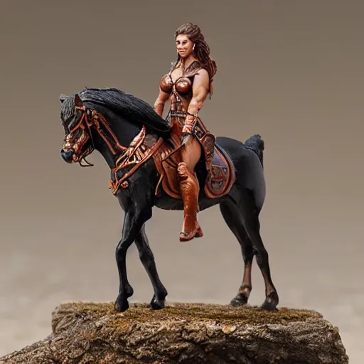 Image similar to 80mm resin detailed miniature of a Muscular Woman warrior standing next to a Horse, Product Introduction Photos, 4K, Full body, simple background