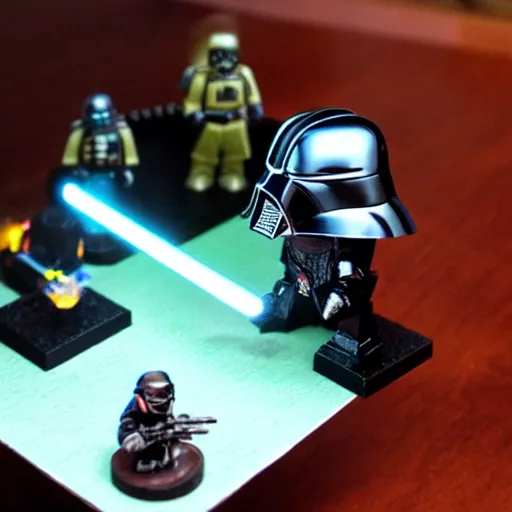 Image similar to Darth Vader painstakingly paints Warhammer 40,000 space marine minifigures at a table with a bright lamp, realism, depth of field, focus on darth vader,