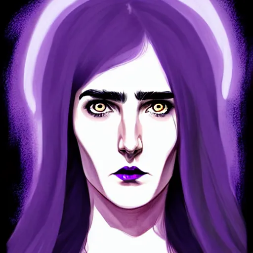 Image similar to I'm the style of Phil Noto, beautiful witch spooky female, Jennifer Connelly, blue and purple glowing hair, perfect eyes perfect symmetrical eyes, symmetrical face, dark forest background, painterly style