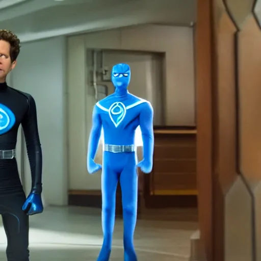 Image similar to glenn howerton as reed richards from the fantastic four, mr fantastic, blue suit, superhero, marvel