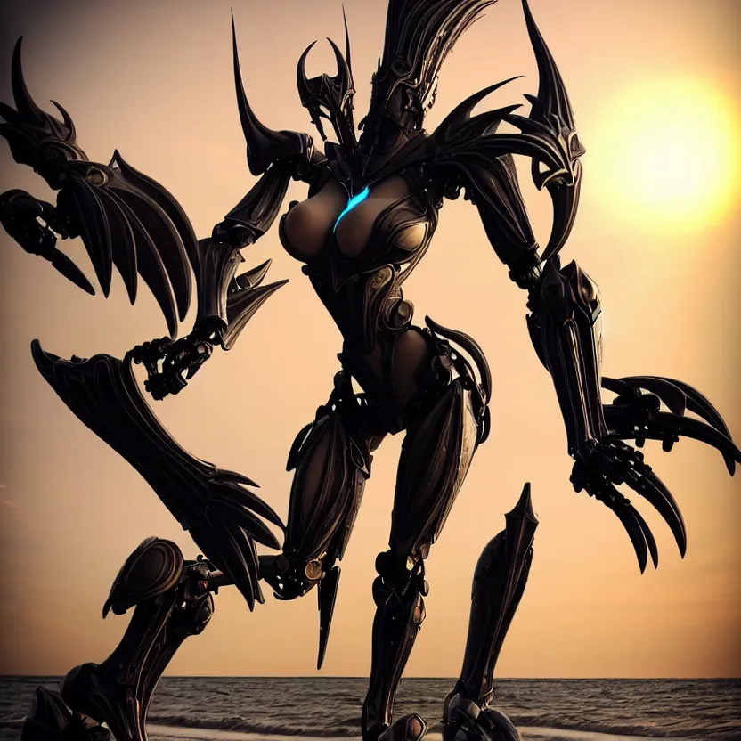 Image similar to looking up at a highly detailed 300 foot tall giant exquisite beautiful stunning valkyr female warframe, as an anthropomorphic robot dragon, posing elegantly over your tiny form, detailed legs looming over you, camera on the ground, at the beach on a sunset, sleek streamlined design, streamlined matte black armor, sharp detailed claws, detailed sharp robot dragon feet, worms eye view, giantess shot, upward shot, ground view shot, leg shot, front shot, epic cinematic shot, high quality warframe fanart, captura, realistic, professional digital art, high end digital art, furry art, giantess art, anthro art, DeviantArt, artstation, Furaffinity, 8k HD render, epic lighting