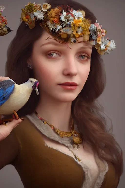 Image similar to close up 3 d render of english princess holding birds, beautiful face, realistic face, closeup, ornaments, mucha vibe, dieselpunk, solarpunk, artstation, andrei riabovitchev