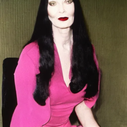 Image similar to morticia adams wearing a pink dress