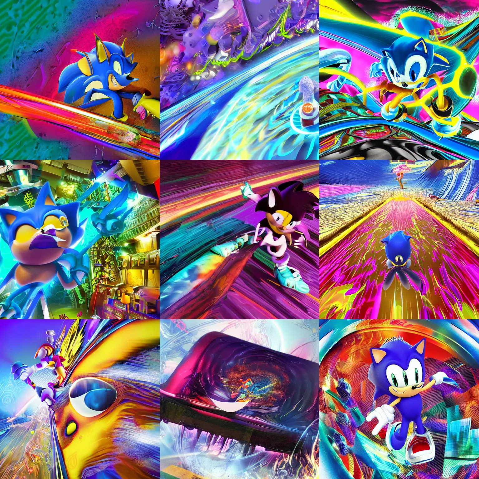 Prompt: sonic closeup of surreal, sharp, detailed professional, high quality cinema4d hard surface render MGMT album cover of a liquid dissolving LSD DMT sonic the hedgehog surfing through cyberspace, purple checkerboard background, 1990s 1992 Sega Genesis video game album cover