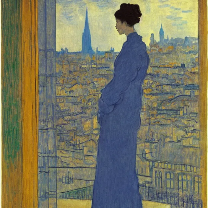 Image similar to woman in indigo dress with city with cathedral seen from a window frame at night. fuzzy white cat. monet, henri de toulouse - lautrec, utamaro, matisse, felix vallotton
