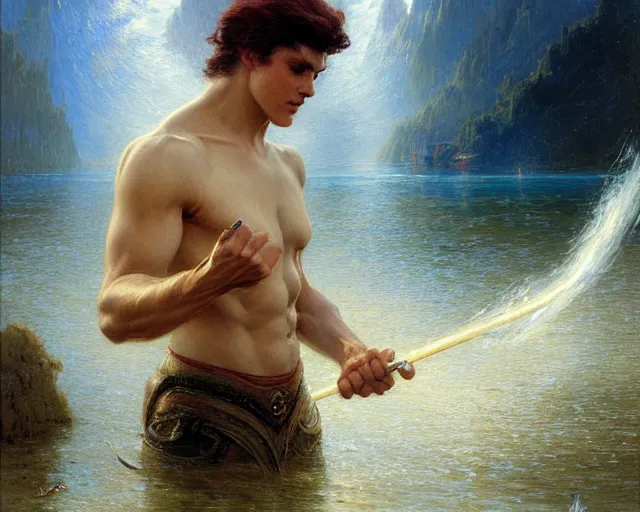 Image similar to attractive male wizard casting powerful tsunami wave spell in a beautiful lake. highly detailed painting by gaston bussiere, craig mullins, j. c. leyendecker 8 k