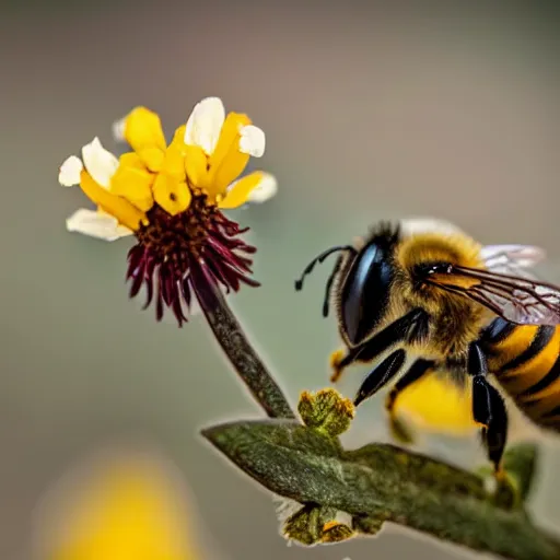 Prompt: a bee finding the last flower in antarctica, beautiful macro photography, ambient light