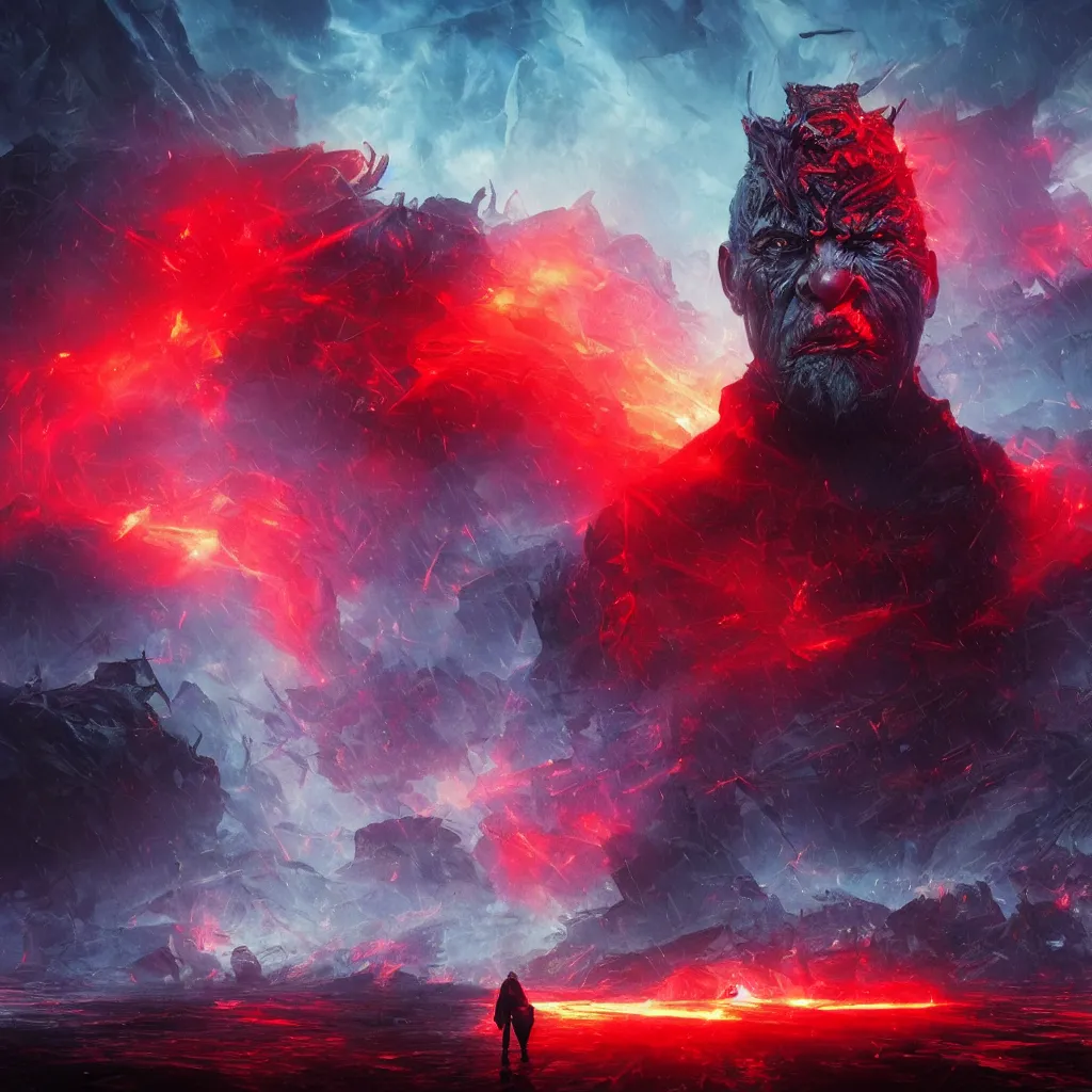 Prompt: an aesthetic portrait of the mad king, with his red lazer eyes beaming across the city of blood and prisms by john harris and mark simonetti and leonid afremov and ivan aivazovsky, unreal engine, hyperrealistic, vray, unsplash photo contest winner, digital art, cyberwave, neon, cinematic