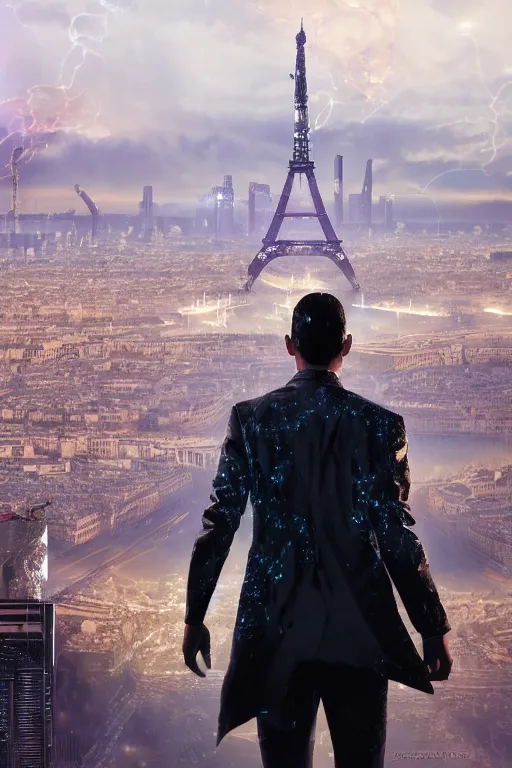 Prompt: in the foreground Paris, in the background a dark-haired man from behind playing with swirls of black energy coming out of his hands wearing a long matrix-style jacket, realistic, high definition, many details, dramatic scene, detailed and realistic hands, symmetrical face, realistic eyes, cyberpunk art 2077