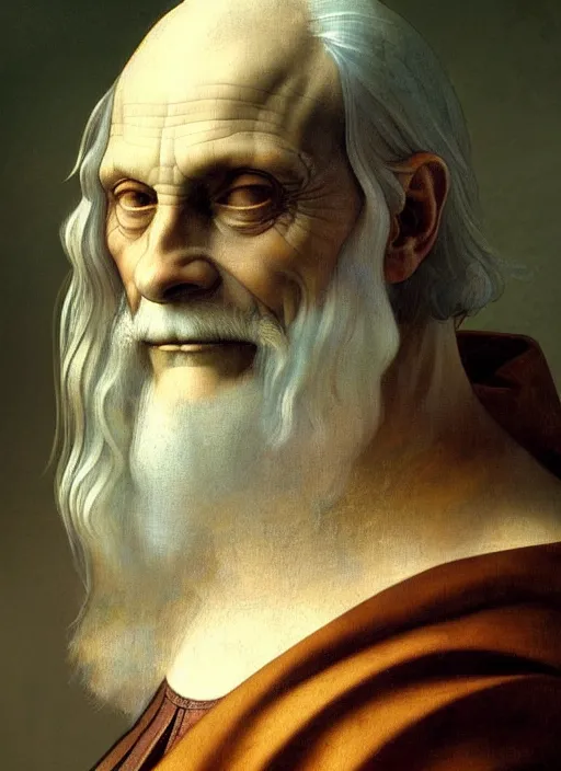 Image similar to renaissance painting depicting old male leonardo davinci, fantasy, intricate, elegant, highly detailed, digital painting, artstation, concept art, smooth, sharp focus, illustration, art by artgerm and greg rutkowski and alphonse mucha