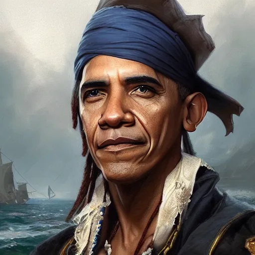 Image similar to A portrait of Obama as a pirate, art by greg rutkowski, matte painting, trending on artstation, very detailed