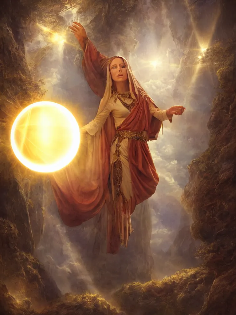 Prompt: Priestess casting a ball of pure light energy,high fantasy, matte painting