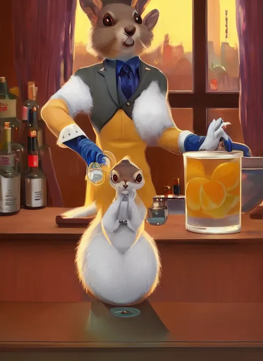 Prompt: a squirrel anthro as a dapper bartender with a big, fluffy tail, retro futurism, art deco, detailed painterly digital art by WLOP and Cory Loftis, 🐿🍸🍋, furaffinity, trending on artstation