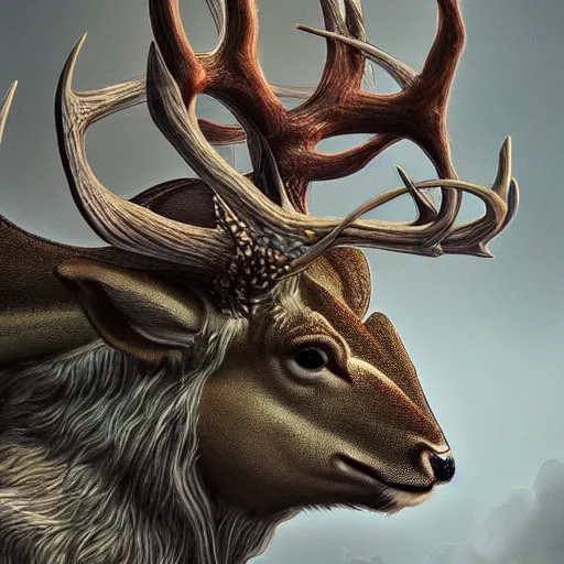Image similar to hybrid between deer and dragon, profile, fantasy, extremely detailed, nature photography, artstation