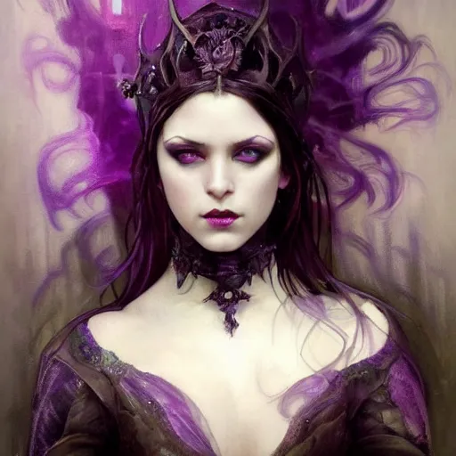 Image similar to dark goth queen with purple eyes, by jeremy mann and alphonse mucha, fantasy art, photo realistic, dynamic lighting, artstation, poster, volumetric lighting, very detailed faces, purple eyes, 4 k, award winning dark, goth, queen, dark fantasy, purple, hyperrealistic portrait, art of elysium, full figure, very detailed face,