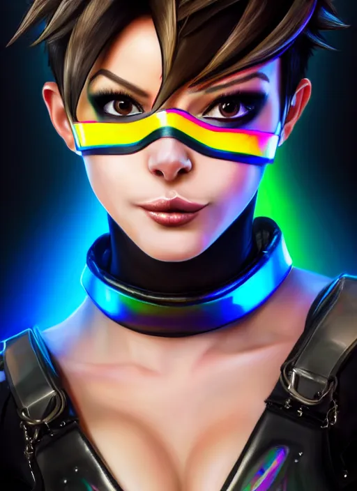 Image similar to hyperrealistic style portrait of tracer overwatch, confident pose, wearing black iridescent rainbow latex, rainbow, neon, 4 k, expressive happy smug expression, makeup, in style of mark arian, wearing detailed black leather collar, wearing sleek armor, black leather harness, expressive detailed face and eyes,