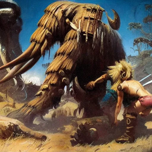 Prompt: a warrior fighting a mammoth to pretotect a girl, detailed oil painting by Frank Frazetta