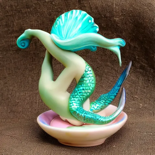 Image similar to an amazing ceramic realistic arial mermaid sculpture mug, creative, beautiful, award winning design, functional, colorful